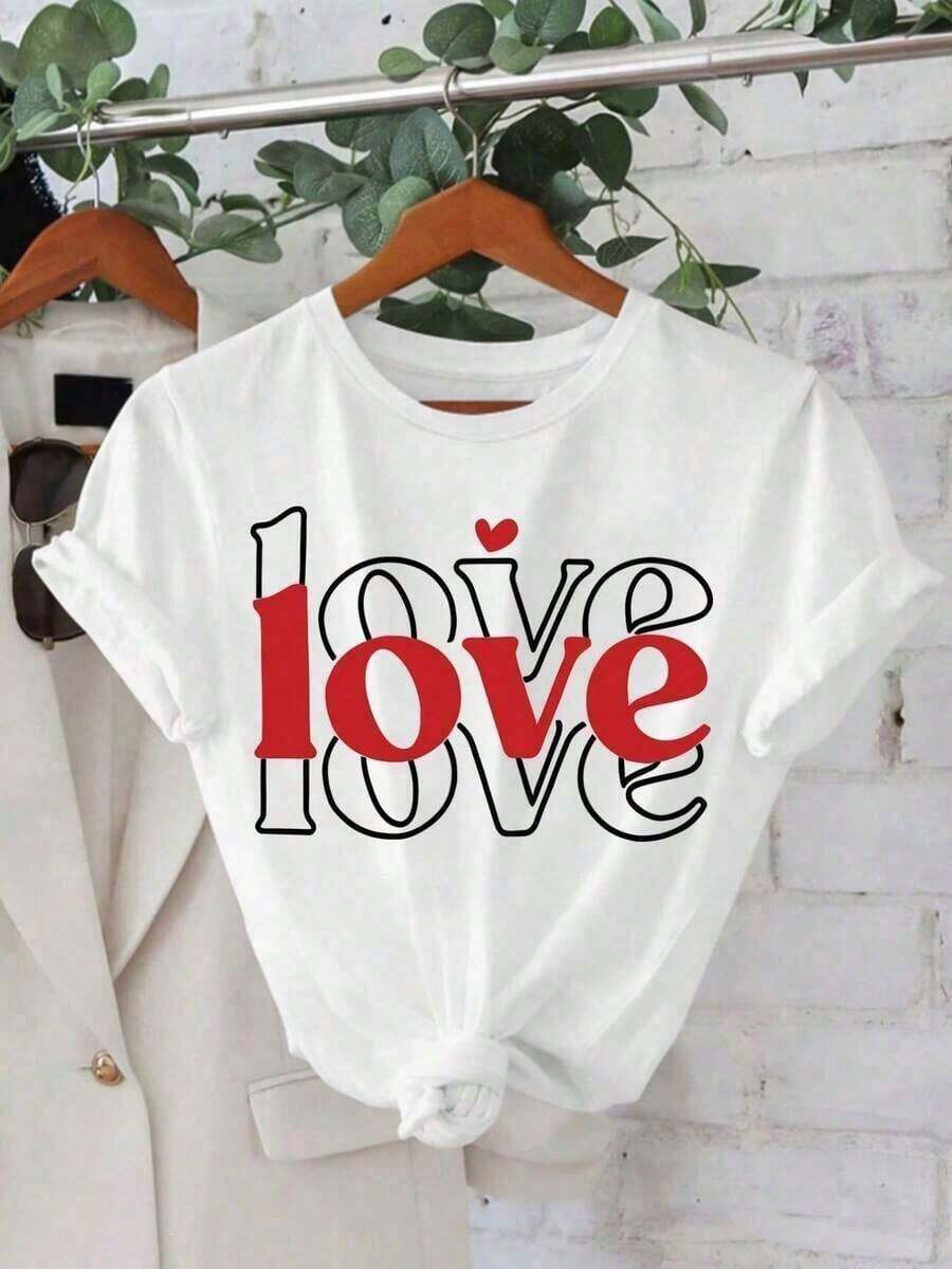Camiseta Vintage para Mujer Blanca y Roja con Estampado LOVE, Corazón y Letras | Camiseta Casual de Manga Corta y Cuello Redondo, Tejido Transpirable y Opaco, Lavable a Máquina, Adecuada para Primavera y Verano, Moda para Salidas de San Valentín - Blanco - Ver 1