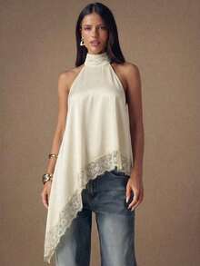 Satin Top With Elegant Lace Patches, Backless, Sexy Halter Neck Sleeveless Blouse For Parties, Cocktails, Formal Occasions, Christmas And Business Casual - 杏 - 查看 4