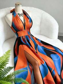 Nuevo vestido maxi elegante, casual y sexy de diseño de alta gama con cuello en V, halter, cintura expuesta, espalda descubierta y corte evasé sin mangas, con estampado floral rojo y verde, vestido de lujo de alta gama para mujer - Azul - Ver 3
