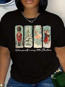 GiftGiftGiftGiftWomen's T-Shirt With Nutcracker, Ballet, Tree And Mouse Print, Round Neck, Christmas Gift, SoftSoftSoft - Hitam - View 6