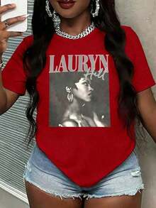 Women's Vintage T-Shirt 100% Cotton With Lauryn Hill Portrait Print, 100% Cotton, Soft And Breathable, Casual Short Sleeve Top, Easy To Match For Summer Or Everyday Comfort. - 紅色 - 查看 7
