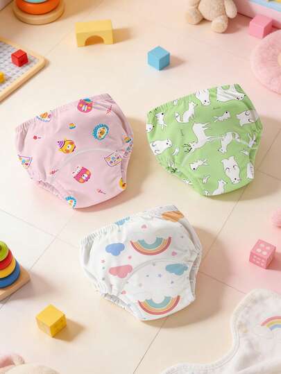 Bộ 3 quần tập đi chống rò rỉ unisex, họa tiết in dễ thương, có thể giặt và tái sử dụng, cạp chun co giãn, phù hợp cho mọi mùa, vừa vặn thoải mái.
