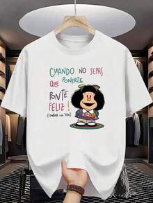 Camiseta de Algodón 100% para Hombre - Manga Corta, Cuello Redondo, Estampado Digital, Cómoda para Todas las Estaciones, Lavable a Máquina, Ideal para Salidas Diarias, Cuello Redondo, Diseño Circular, Camiseta Casual de Verano Tshirt Muscle Freaks Mafalda estilo Cartoon Mujer Feliz100% Cotton - Blanco - Ver 7