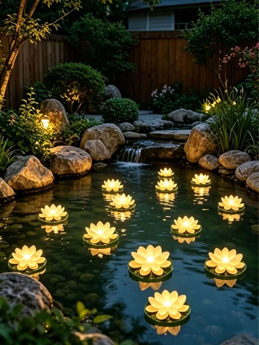 2件組防水漂浮LED蓮花燈，電池供電水觸發暖白色漂浮花燈，附睡蓮葉，適用於泳池、花園、河流、池塘的婚禮週年裝飾漂浮蠟燭燈，可用於許願（暖白色）