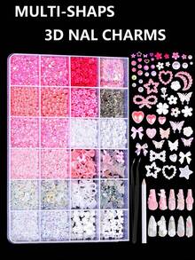 5000pcs 3D Nail Art Decorations Set, 24 Compartment Box, Assorted Flat Shapes Including Colorful Flowers, Bows, Pearls And Rhinestones For DIY Nail Art (Nail Tools Included) - Pink - View 10