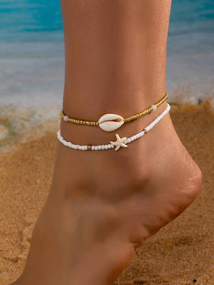 Set de 2 piezas Tobillera de estilo playero de verano con cuentas, estrella de mar y concha para mujeres - Amarillo Oro - Ver 1