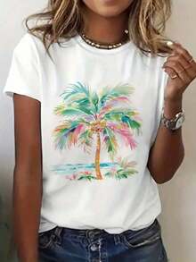 1 PcsWomen's Colorful Palm Tree Pattern T-Shirt- Casual White Tropical Design T-Shirt, Vibrant Green, Pink, And Blue Leaves, Perfect For Summer Beach Style- Available In S, Comfortable Fabric Suitable For Daily Wear180g Cotton 100% - 黑色 - 查看 7