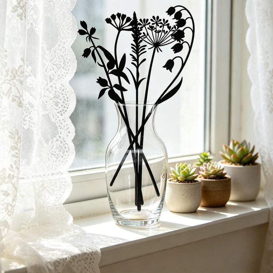 5 pièces Piquets de décoration de pot de fleurs sauvages en métal noir, artisanat en fer forgé créatif pour l'extérieur, style rustique, convient pour la décoration de la maison, les piquets d'art, le balcon ou une utilisation toute l'année