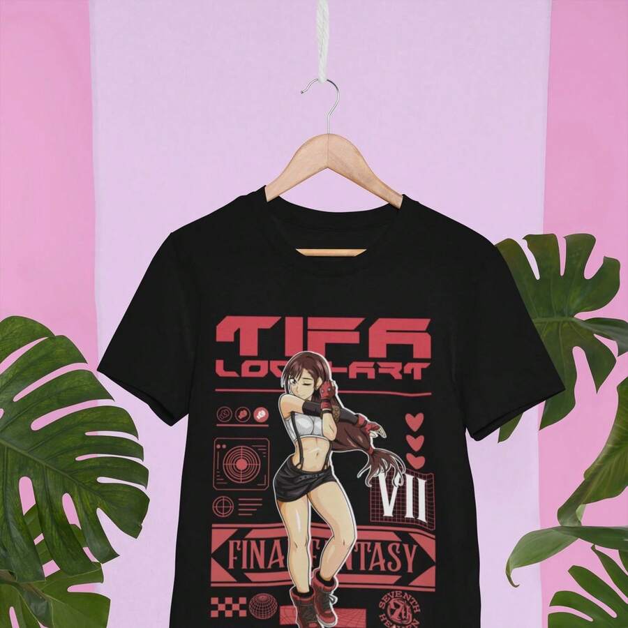 FINAL F11antaSY 7 Tifa Lockhart Anime T1EE UniS1ex Cute Graphic T1EE Gamer Gift Video Game T-Shirt For T1EEns 220g Pure Cotton Short Sleeve T-Shirt For Men And Women, Thick Fabric, Wrinkle-Resistant And Does Not Deform Easily. Simple And Versatile Style, Lightweight And Breathable, Perfect For Going To Work, Traveling, Camping, Shopping And Everyday Leisure Time. - 黑色 - 查看 1