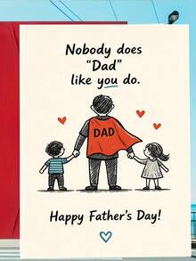 1 pieza, Tarjeta del Día del Padre "Feliz Día del Padre" dibujada a mano. Incluye sobre, papel de arte premium. Diseño de boceto de papá con capa y niños. Perfecto para celebrar la paternidad - la tarjeta adorable ideal (12cm/4.7in X 17cm/6.7in) - Sobre rojo - Ver 6
