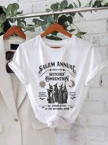 Salem Witches' Conference Graphic T-Shirt For Men And Women - Oversized White Witch Design With Witches Flying On Broomsticks, Bats And Salem Lettering - Casual Short Sleeve Crew Neck T-Shirt For Themed Events, Casual Wear And Witch Clothing (Sizes S-3XL) - Loose Fit And Comfortable, Machine Washable, For Wear In All Seasons, Witches' Conference Themed Witchcraft Design, Perfect For Casual Autumn And Spring Outfits. - 白色 - 查看 1