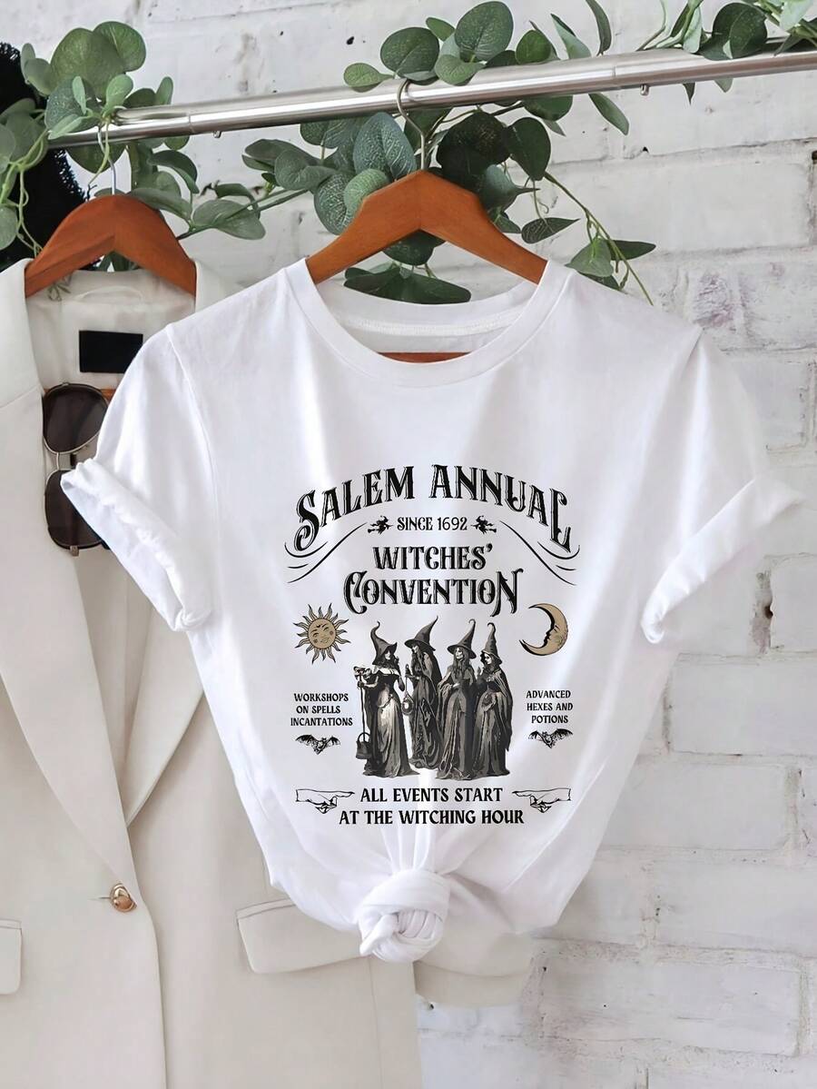 Salem Witches' Conference Graphic T-Shirt For Men And Women - Oversized White Witch Design With Witches Flying On Broomsticks, Bats And Salem Lettering - Casual Short Sleeve Crew Neck T-Shirt For Themed Events, Casual Wear And Witch Clothing (Sizes S-3XL) - Loose Fit And Comfortable, Machine Washable, For Wear In All Seasons, Witches' Conference Themed Witchcraft Design, Perfect For Casual Autumn And Spring Outfits. - 白色 - 查看 1