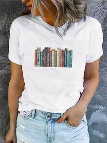 Camiseta Mujer Libros Impresa Primavera y Verano Casual Suelta Cuello Redondo Manga Corta Blusas Bonito 100% Cotton - Blanco - Ver 7