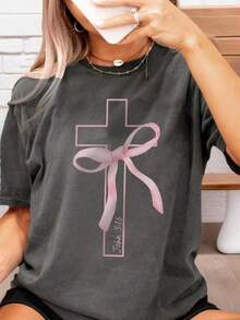 1 pieza de camiseta de manga corta con cuello redondo y estampado de mariposas y cruces para niñas, ropa de verano para estudiantes jóvenes - inspira la imaginación y la autoexpresión. - Gris Oscuro - Ver 8