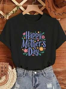 Camiseta de Mujer con Estampado Floral Fresco y Texto de Feliz Día de la Madre, Corte Holgado Casual, Cuello Redondo, Tejido de Punto Transpirable, Suave y Cómodo, Lavable a Máquina, Moda Primavera Verano Otoño (9) Camiseta de manga corta / tee de manga corta 100% Algodón 100% Algodón - Negro - Ver 1