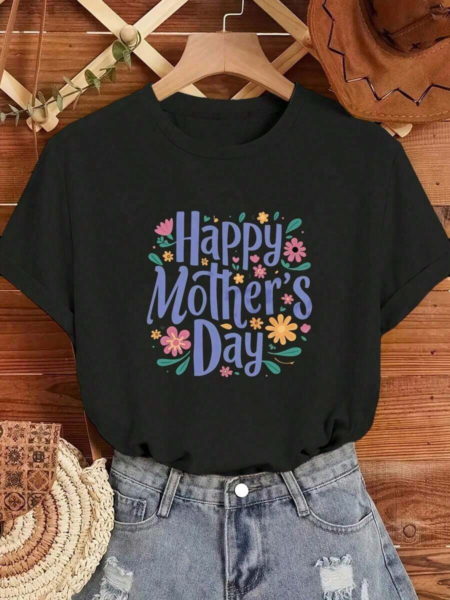 Camiseta de Mujer con Estampado Floral Fresco y Texto de Feliz Día de la Madre, Corte Holgado Casual, Cuello Redondo, Tejido de Punto Transpirable, Suave y Cómodo, Lavable a Máquina, Moda Primavera Verano Otoño (9) Camiseta de manga corta / tee de manga corta 100% Algodón 100% Algodón - Negro - Ver 1