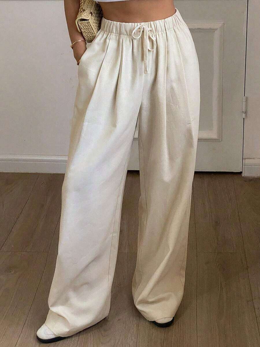 Pantalones rectos sueltos de unicolor con cintura elástica y cordón, informales de lino para el verano - Albaricoque 2 - Ver 1