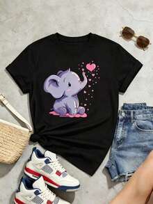 Diseño simple y versátil, camiseta de manga corta de cuello redondo suave y casual para mujer, camiseta de manga corta con estampado de dibujos animados de elefante, camiseta casual de verano para mujer, top, 100% algodón, estilo vintage, estilo callejero europeo y americano, casual deportivo, unisex, estilo casual urbano, top de alta calidad, camiseta de algodón. - Negro - Ver 2