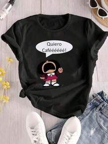 Cartoon Character Print T-Shirt, Casual Crew Neck, Regular Length, 180g/M² Knit Fabric, All Season Polyester T-Shirt, Fashionable White Summer Top - 黑色 - 查看 7