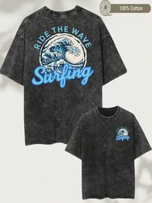 Double-Sided Printed T-Shirt, Casual Black Washed Effect T-Shirt, Surf Design With Blue Ocean Waves And Aquatic Art, Japanese Vintage Ukiyo-E Style, Beach Theme, For Summer Beach Vacation, Surfing Sports, Loose Fit Urban Style. - 黑色 - 查看 5