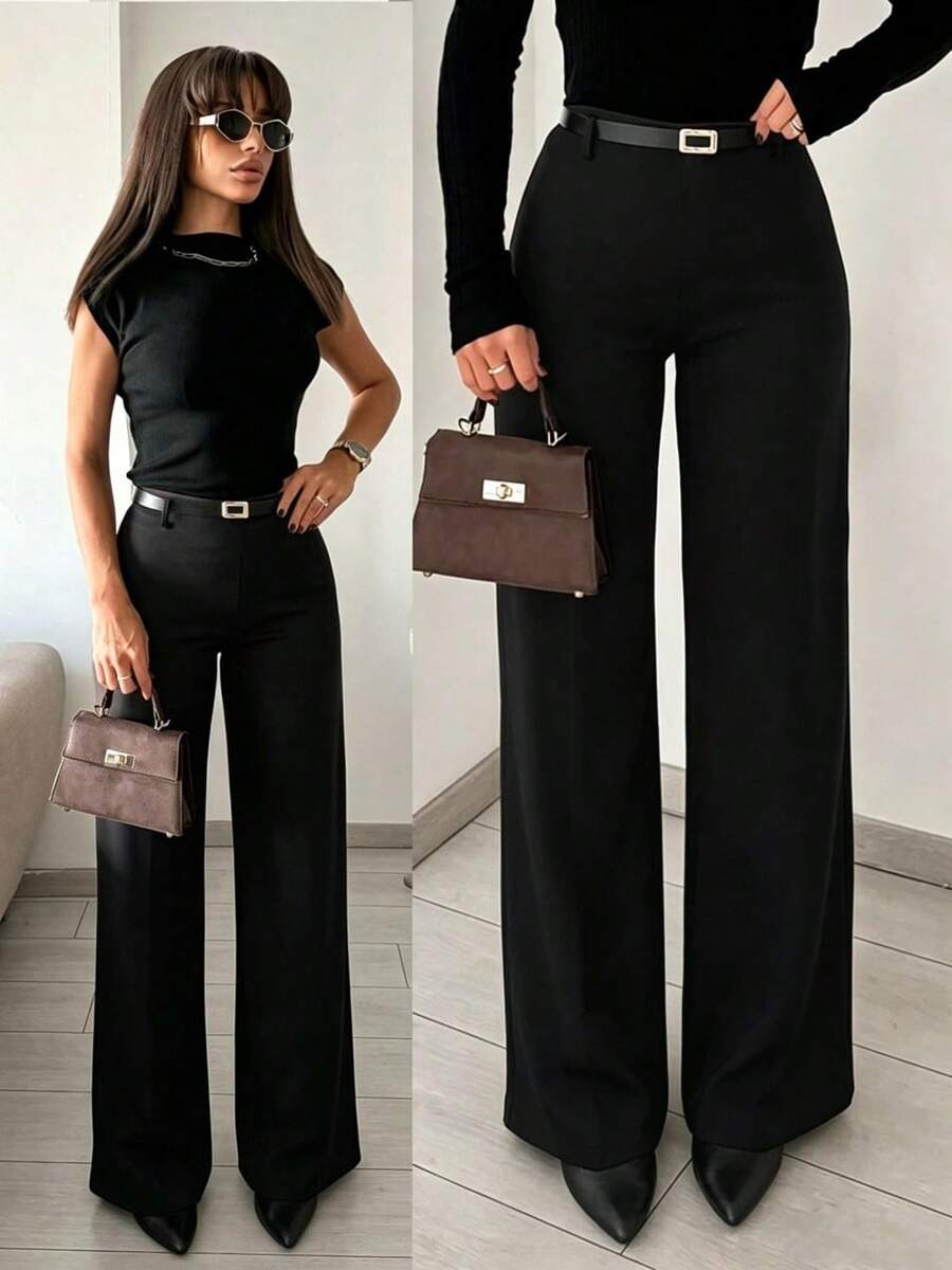 SMILE CHI Women's Casual Stretch Straight Leg Dress Pants For Commute, Daily Wear And Office (Belt Not Included) Black