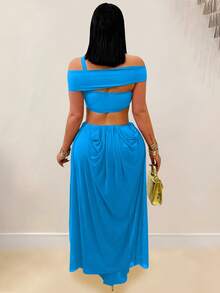 Vestido nuevo de verano para mujer, de moda, sexy, top tubo, corte entallado, unicolor, de tul transparente, diseño francés, favorecedor, perfecto para fiestas, citas y looks de noche - Azul - Ver 3
