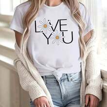 Imagen del artículo: Camiseta de manga corta con estampado de margaritas para mujer, corte holgado y cuello redondo - Blanco - Ver 6