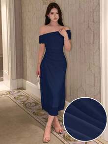 Vestido de hombros abiertos de unicolor, vestido de fiesta elegante para cumpleaños, Año Nuevo, baile de graduación, vestido de cóctel de hombros descubiertos de largo maxi - Azul marino - Ver 6