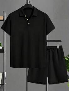 Plus Size Men's Summer Solid Color Short Sleeve Shorts 2-Piece Set, Men's Plus Size Polo Outfit - Black - View 3