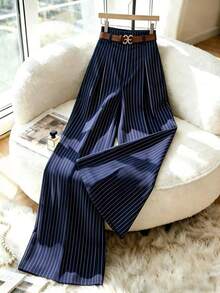 Pantalones de mujer de mezcla de algodón a rayas cómodos, de cintura alta, elegantes y de moda, de alta gama, con pliegues, cintura elástica, rectos, sueltos y de pierna ancha, adecuados para primavera/otoño, uso diario y versátiles - Azul marino - Ver 7
