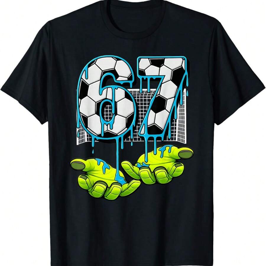Soccer 67 Six Seven Funny Gen Alpha Meme Drip T-Shirt - Black - View 1