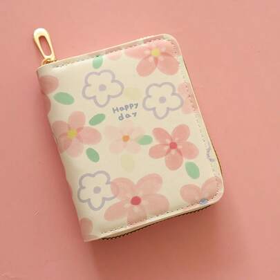 Nueva cartera corta con cremallera y estampado floral, portátil y compacta para tarjetas, para mujeres jóvenes