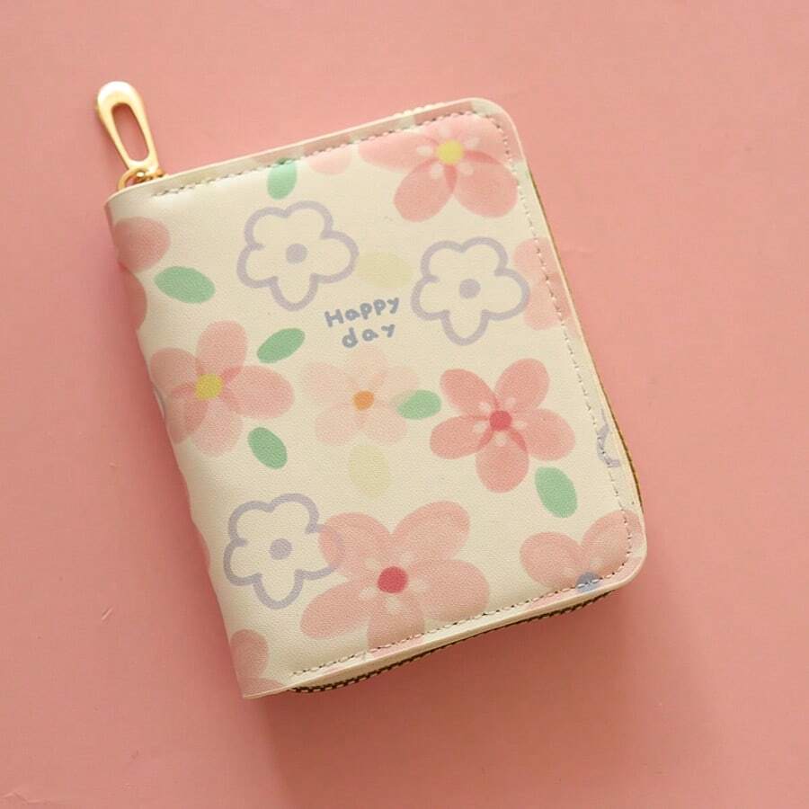New Fashionable Floral Short Zipper Wallet, Compact And Portable Card Holder For Young Women - Multicolor - View 1