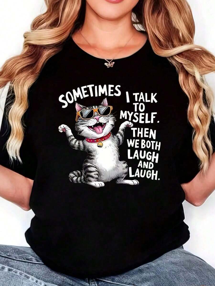 Camiseta Casual Elegante con Diseño de Gato de Dibujos Animados con Gafas de Moda y Campana, 1 Pieza, Talla Grande para Mujer, Camiseta Divertida de Manga Corta con Diseño Gráfico, Novedosa, 100% Poliéster, Cuello Redondo Casual, 220g, Playera - Negro - Ver 1