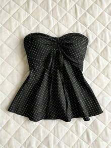Top de tirantes con cintura ceñida y estampado de lunares, trajes de baño de primavera/verano para mujeres con parte superior de lunares con lazo, blusas de verano para mujeres con estampado de lunares, top sin tirantes con estampado de lunares - Negro - Ver 1