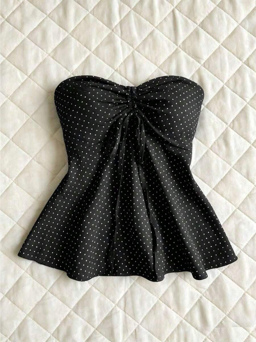 Top de tirantes con cintura ceñida y estampado de lunares, trajes de baño de primavera/verano para mujeres con parte superior de lunares con lazo, blusas de verano para mujeres con estampado de lunares, top sin tirantes con estampado de lunares - Negro - Ver 1