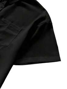 Camisa casual de mujer de unicolor, de manga corta, con hombros caídos y botones delanteros, para verano - Negro - Ver 3