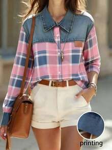 Camisa de efecto de mezclilla de parchwork casual para mujer, otoño/invierno - Blanco - Ver 7