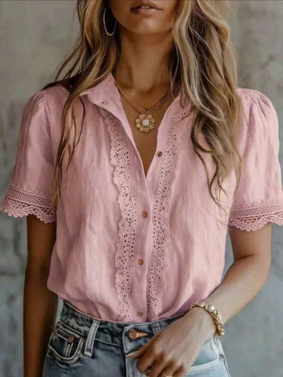 Blusa elegante de mujer con unicolor, bordado y parches de encaje, versátil para el hogar, uso diario y todas las estaciones, rosa de verano - Rosa - Ver 1