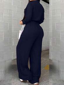 Women's Fashion Black Pants, With Rivet Stripe And Suspender Details On The Side, Woven Fabric, Non-Stretch, Suitable For Casual Wear Elegant - 藏蓝色 - 查看 3