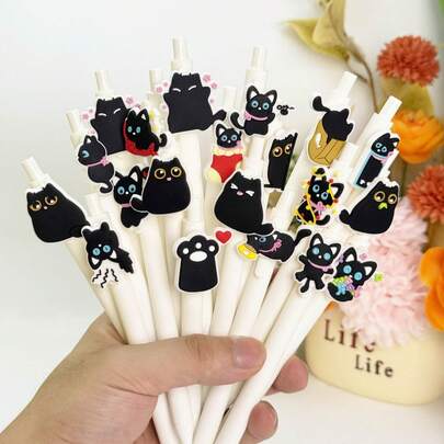 1/3/5pcs Black Cat Decor Retractable Gel Pen White Barrel Smooth Writing Student Stationery Suitable For School Office Journaling