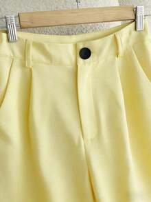 Pantalones casuales de mujer de unicolor con bolsillo oblicuo y pliegues - Amarillo claro - Ver 3