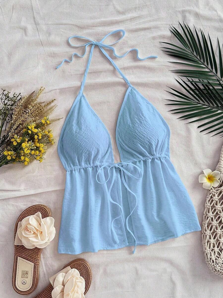 Blusa sin mangas con cuello halter y lazo en la espalda, adecuada para el verano - Celeste - Ver 1