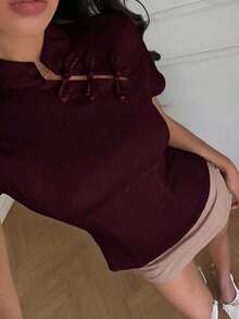 Blusa de cuello Mao de manga corta con cintura ceñida, estilo chino nuevo en color albaricoque, nuevo diseño de primavera/verano para mujer - Burdeos - Ver 2
