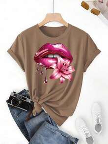 Labios Rosados con Estampado de Lirios |     Diseño Romántico y Elegante, Camiseta Deportiva Casual de Manga Corta con Cuello Redondo para Mujer, Top Cómodo - Negro - Ver 7