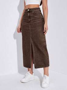 Falda vaquera larga con abertura de moda casual para mujer - Café integral - Ver 4