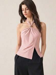 Top con cuello de halter, diseño de botón de metal verde, abertura lateral, elegante y chic para uso urbano y diario, estilo romántico retro de los 90.Adecuado para Navidad, Año Nuevo, San Valentín, fiestas, playa, graduación, moda, carnaval, bod - Rosa - Ver 8