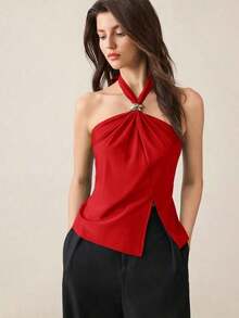 Top con cuello de halter, diseño de botón de metal verde, abertura lateral, elegante y chic para uso urbano y diario, estilo romántico retro de los 90.Adecuado para Navidad, Año Nuevo, San Valentín, fiestas, playa, graduación, moda, carnaval, bod - Rojo - Ver 8