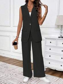 Traje de negocios informal para mujer con chaleco de unicolor y pantalón largo de verano - Negro - Ver 5
