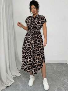 Elenzya Vestido casual de primavera/verano de largo midi con diseño elegante, cuello de camisa estampado de leopardo, mangas raglán, cinturado, lazo, botones de madera y versátil para club para mujeres de talla grande - Multicolor 2 - Ver 3